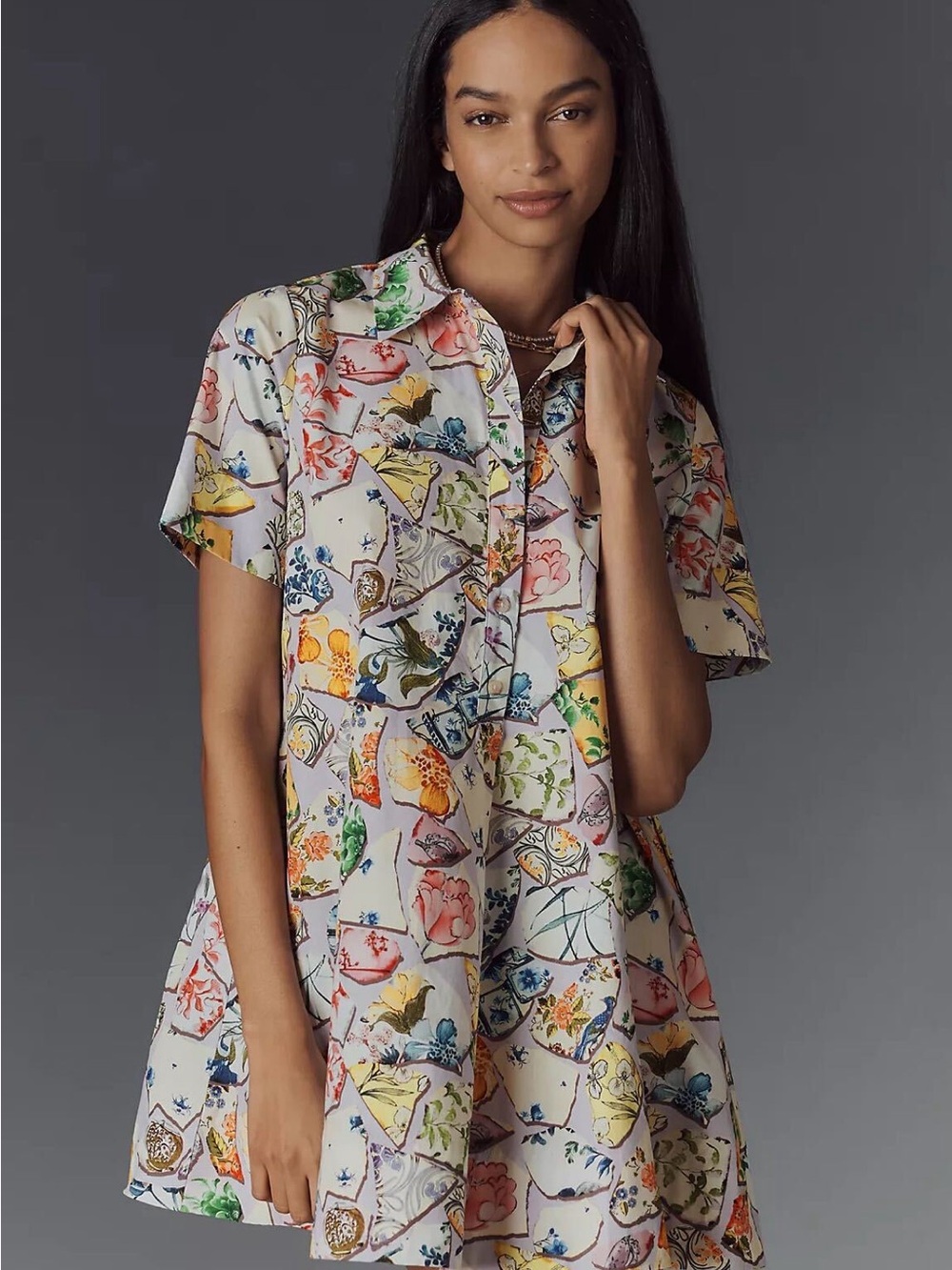 Anthropologie Cream Multicolor Floral Map-Print Short Shirt Dress - Picture 2 of 7
